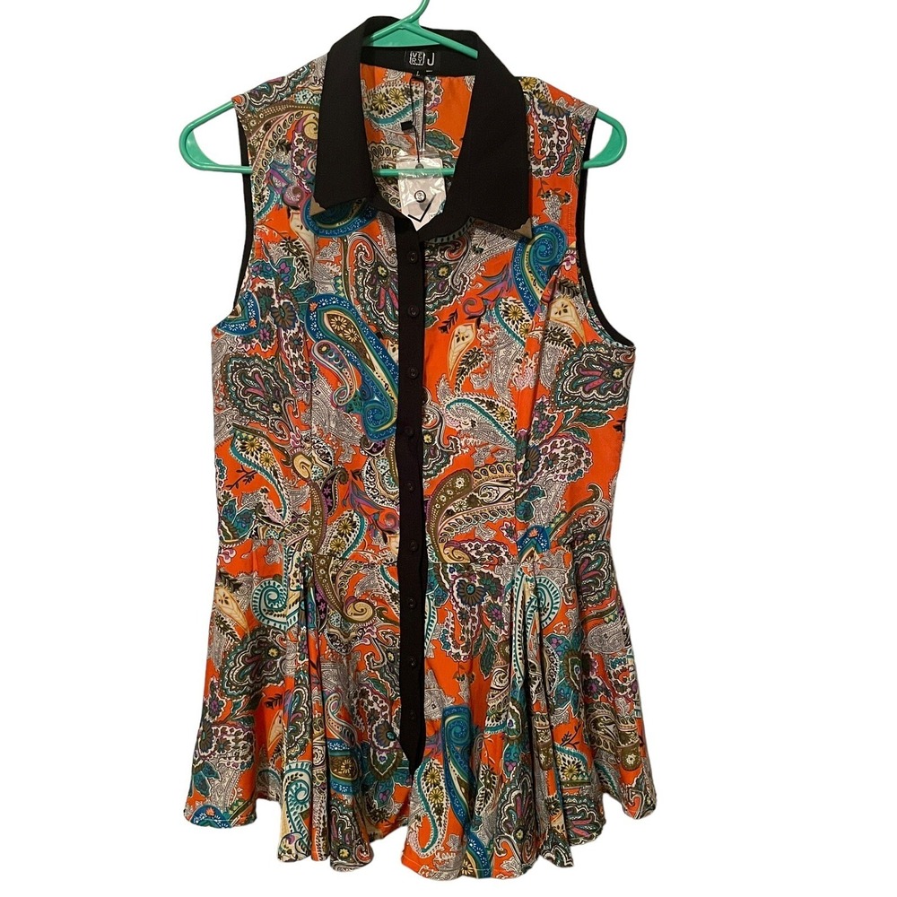 New Very J Button Down Sleeveless‎ Shirt Women's Large Paisley Orange Fast Ship